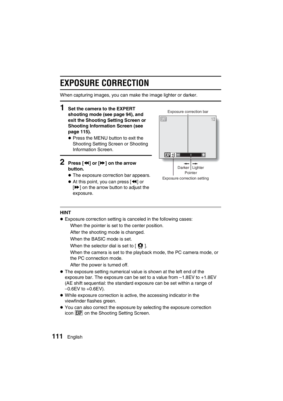 Sanyo VPC-J1EX instruction manual Exposure Correction, Press Â or Ã on the arrow button 