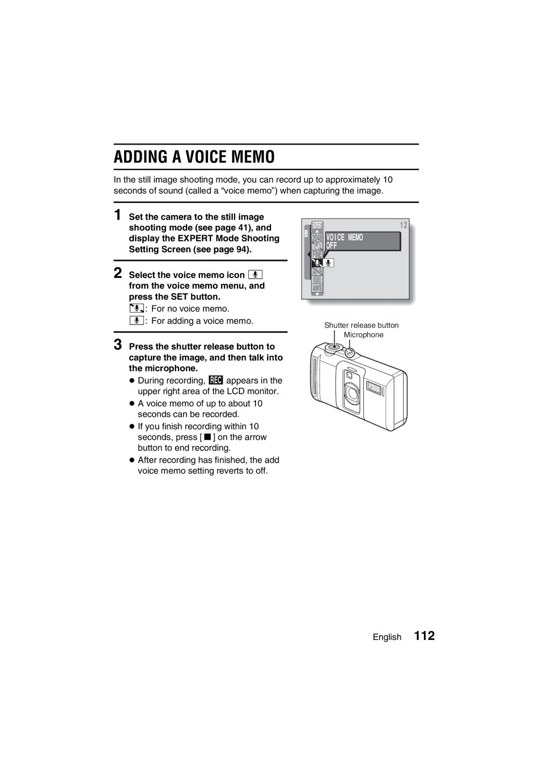 Sanyo VPC-J1EX instruction manual Adding a Voice Memo, Off 