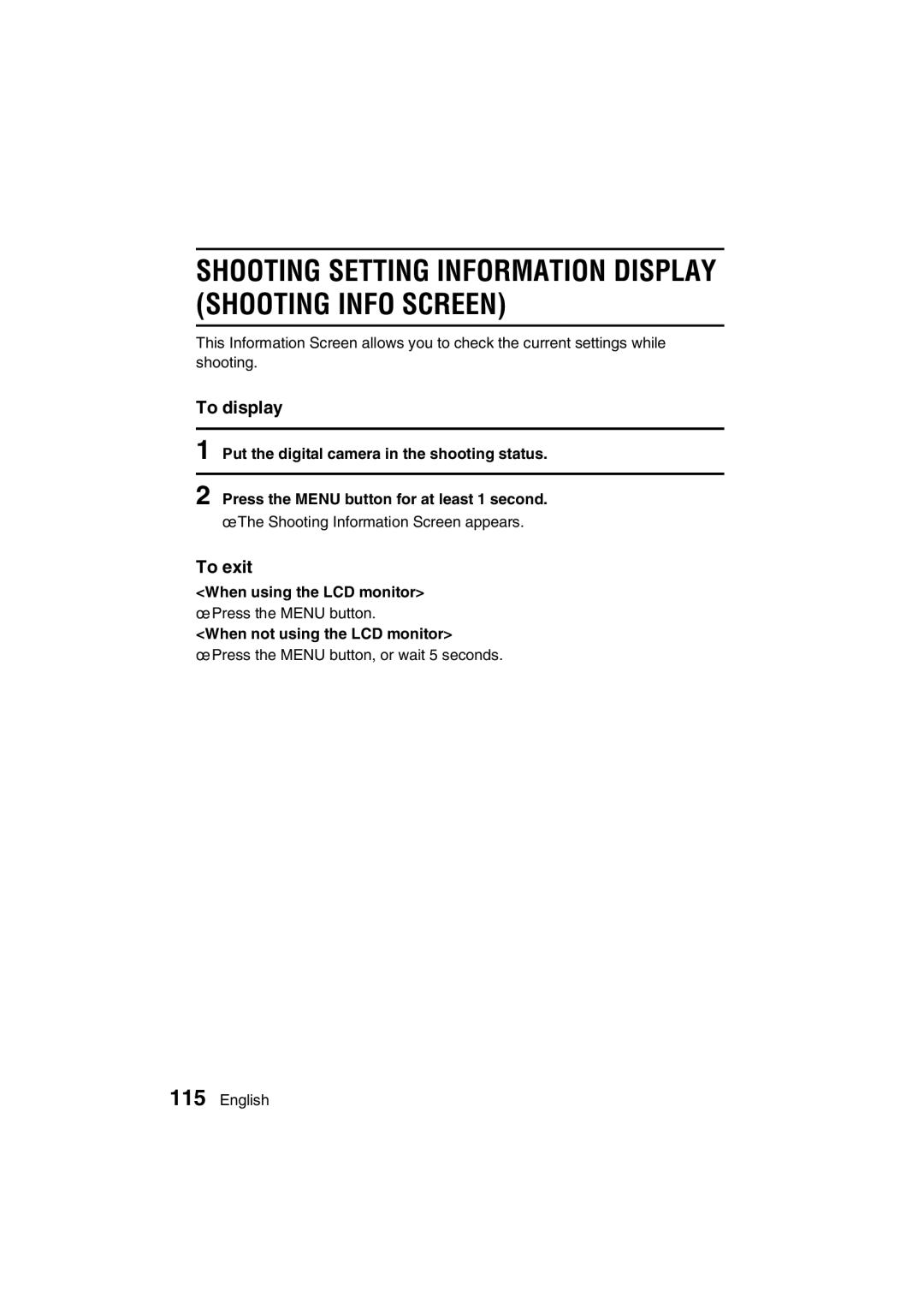 Sanyo VPC-J1EX instruction manual Shooting Setting Information Display Shooting Info Screen, When using the LCD monitor 