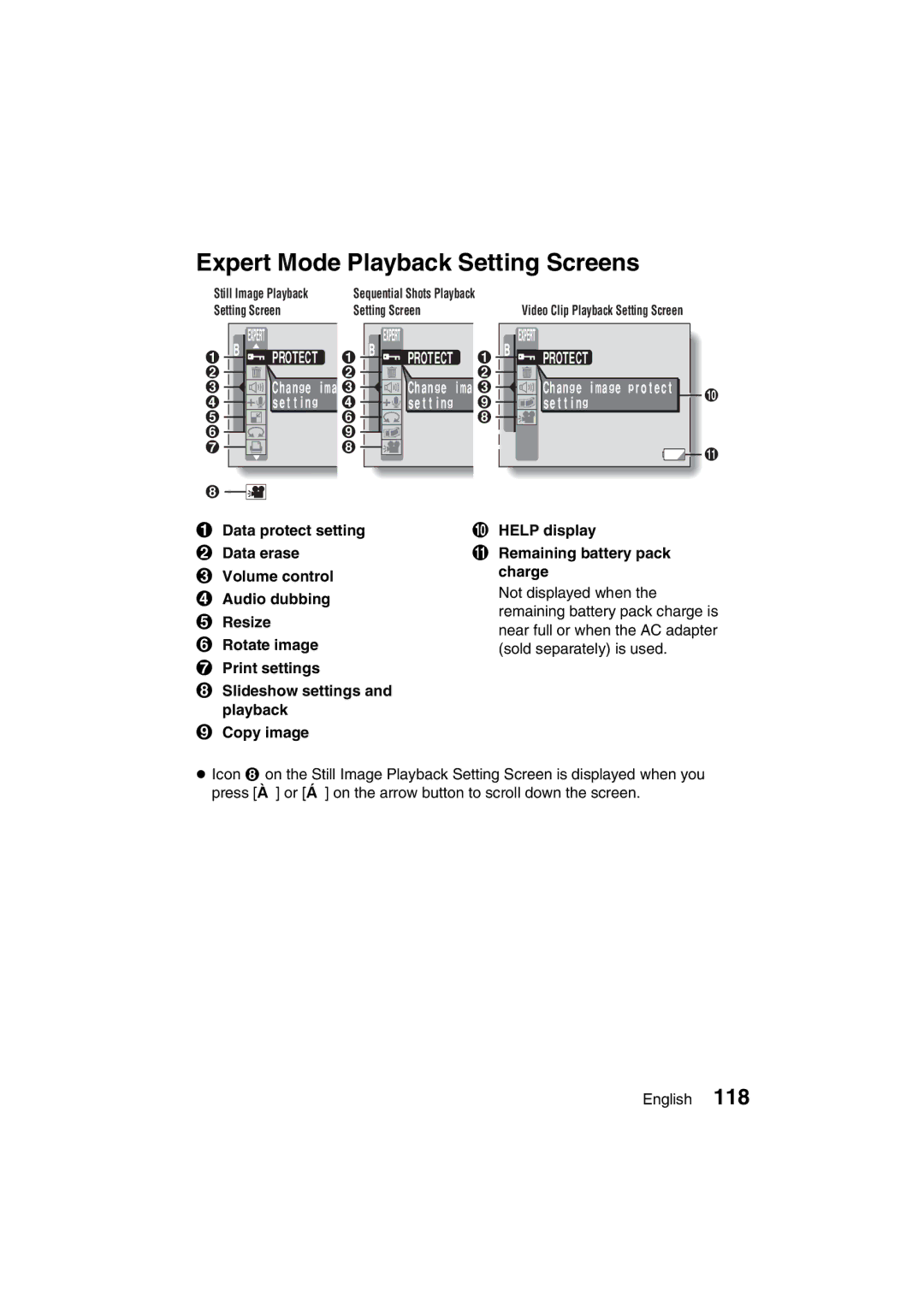 Sanyo VPC-J1EX instruction manual Expert Mode Playback Setting Screens 