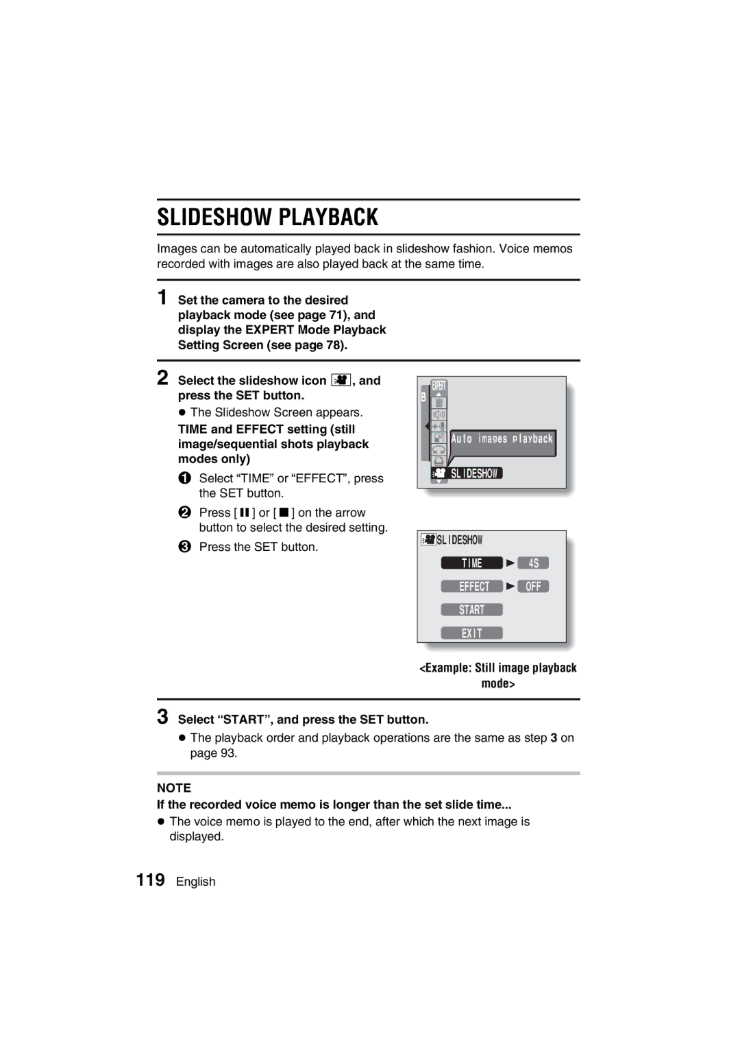 Sanyo VPC-J1EX instruction manual Slideshow Playback, If the recorded voice memo is longer than the set slide time 