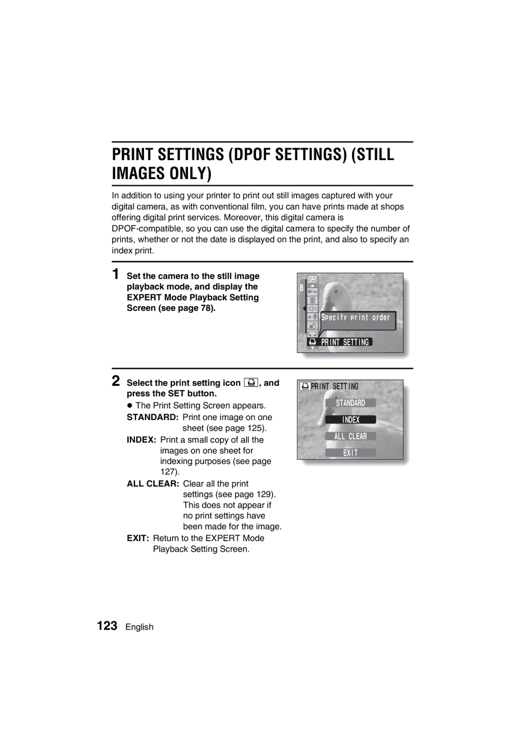 Sanyo VPC-J1EX Print Settings Dpof Settings Still Images only, Select the print setting icon n, and press the SET button 