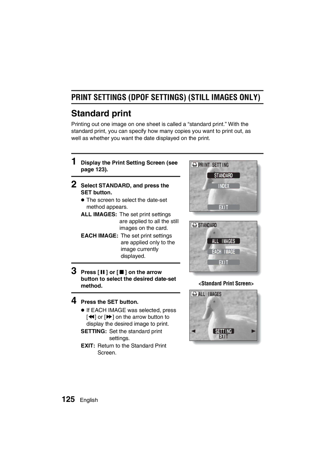 Sanyo VPC-J1EX instruction manual Standard print, Standard Index Exit, ALL Images Each Image Exit 