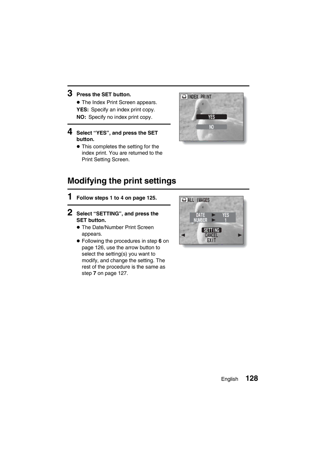 Sanyo VPC-J1EX instruction manual Modifying the print settings, Setting 