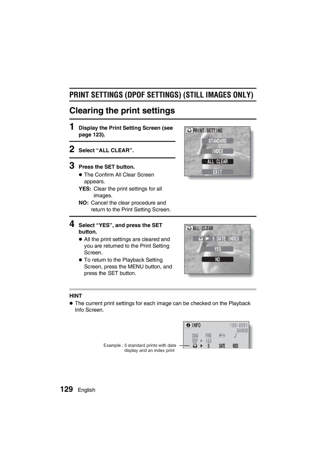 Sanyo VPC-J1EX instruction manual Clearing the print settings 