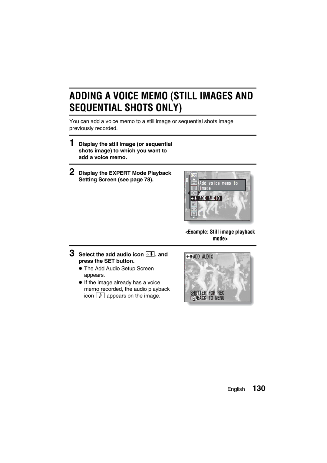 Sanyo VPC-J1EX instruction manual Adding a Voice Memo Still Images and Sequential Shots only, Add voice memo to image 