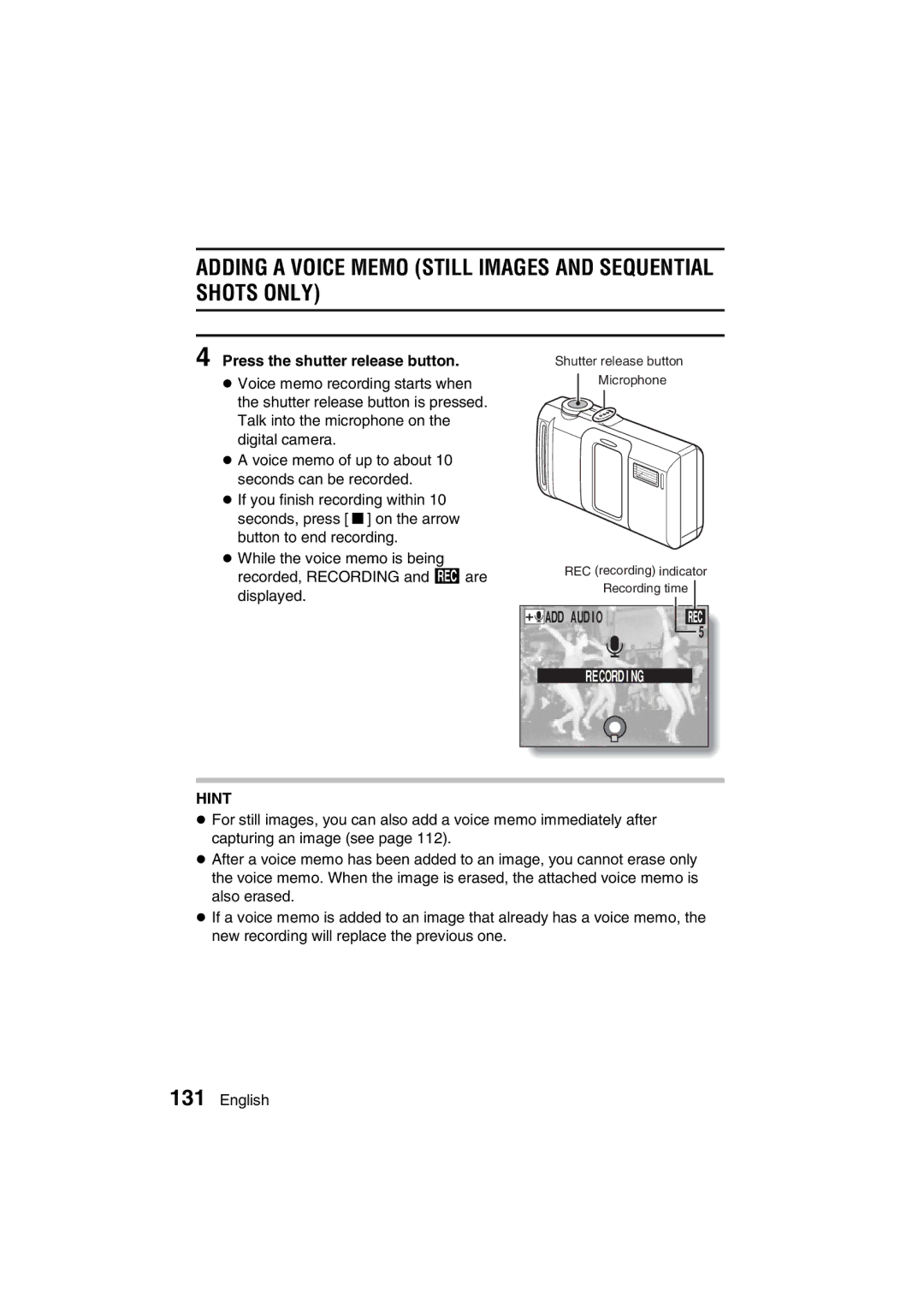 Sanyo VPC-J1EX instruction manual Adding a Voice Memo Still Images and Sequential Shots only, Recording 