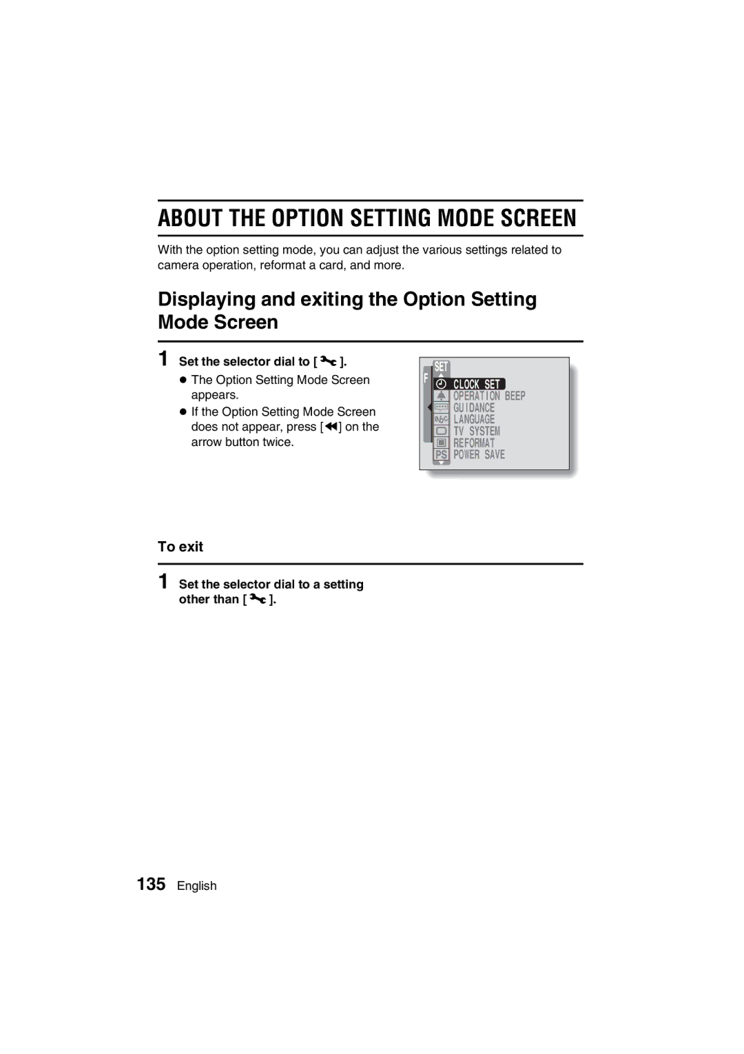 Sanyo VPC-J1EX instruction manual Displaying and exiting the Option Setting Mode Screen, Clock SET 