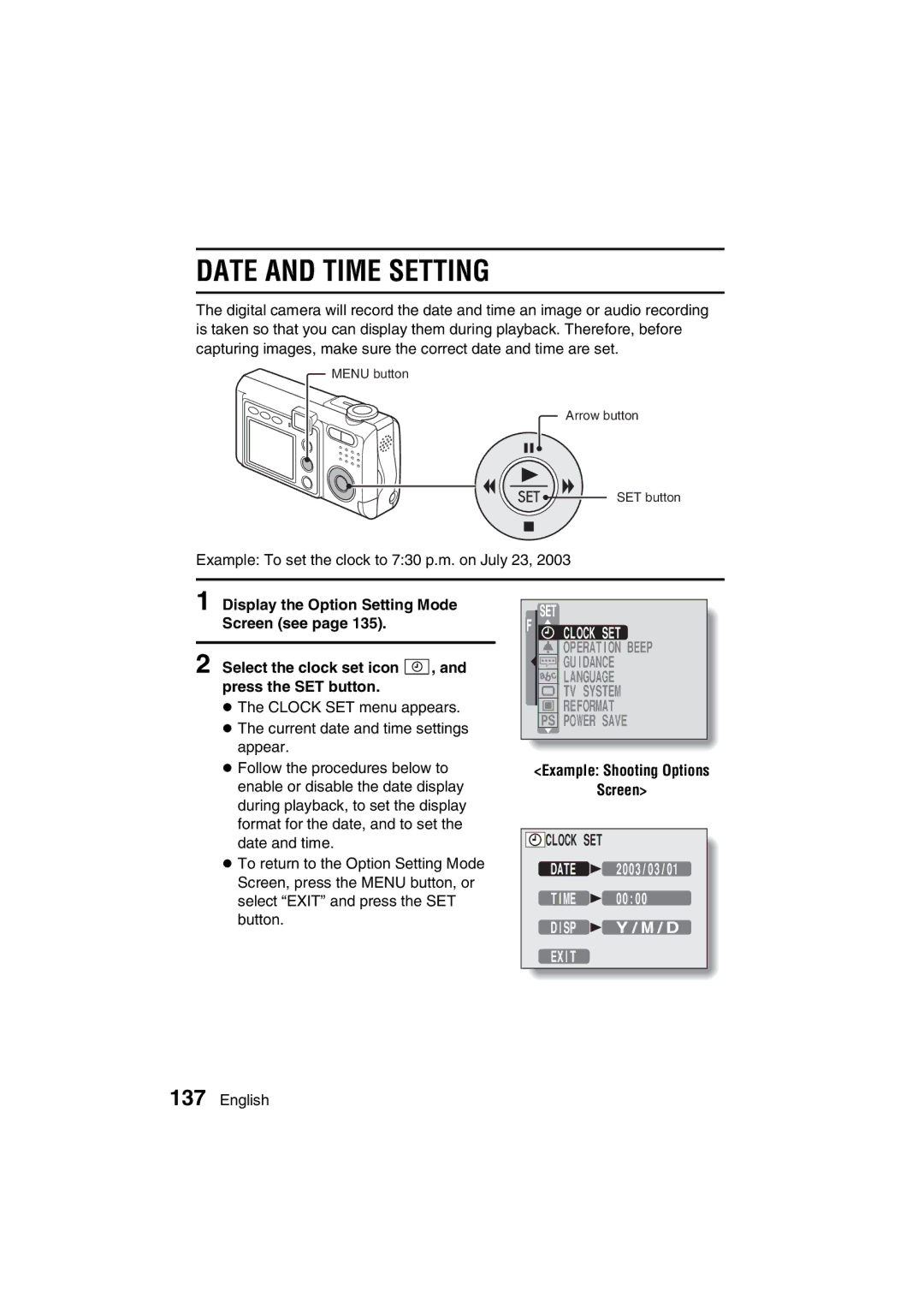 Sanyo VPC-J1EX instruction manual Date and Time Setting, Example Shooting Options Screen 