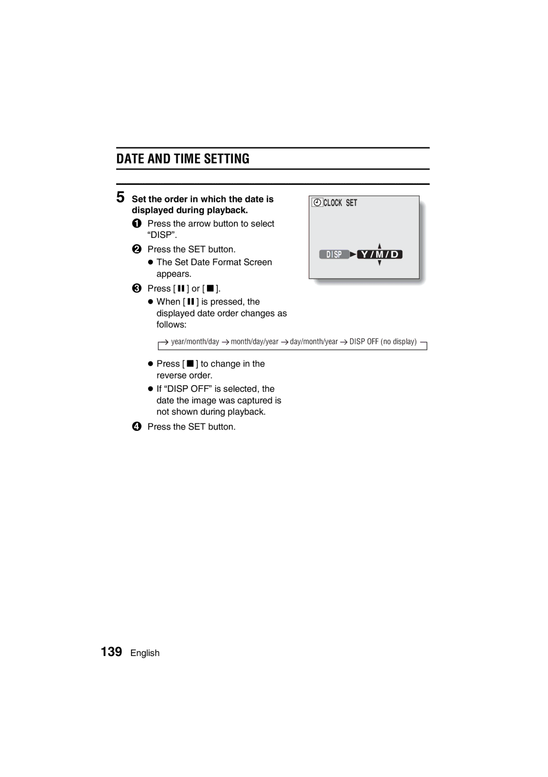 Sanyo VPC-J1EX instruction manual Date and Time Setting, Set the order in which the date is displayed during playback 