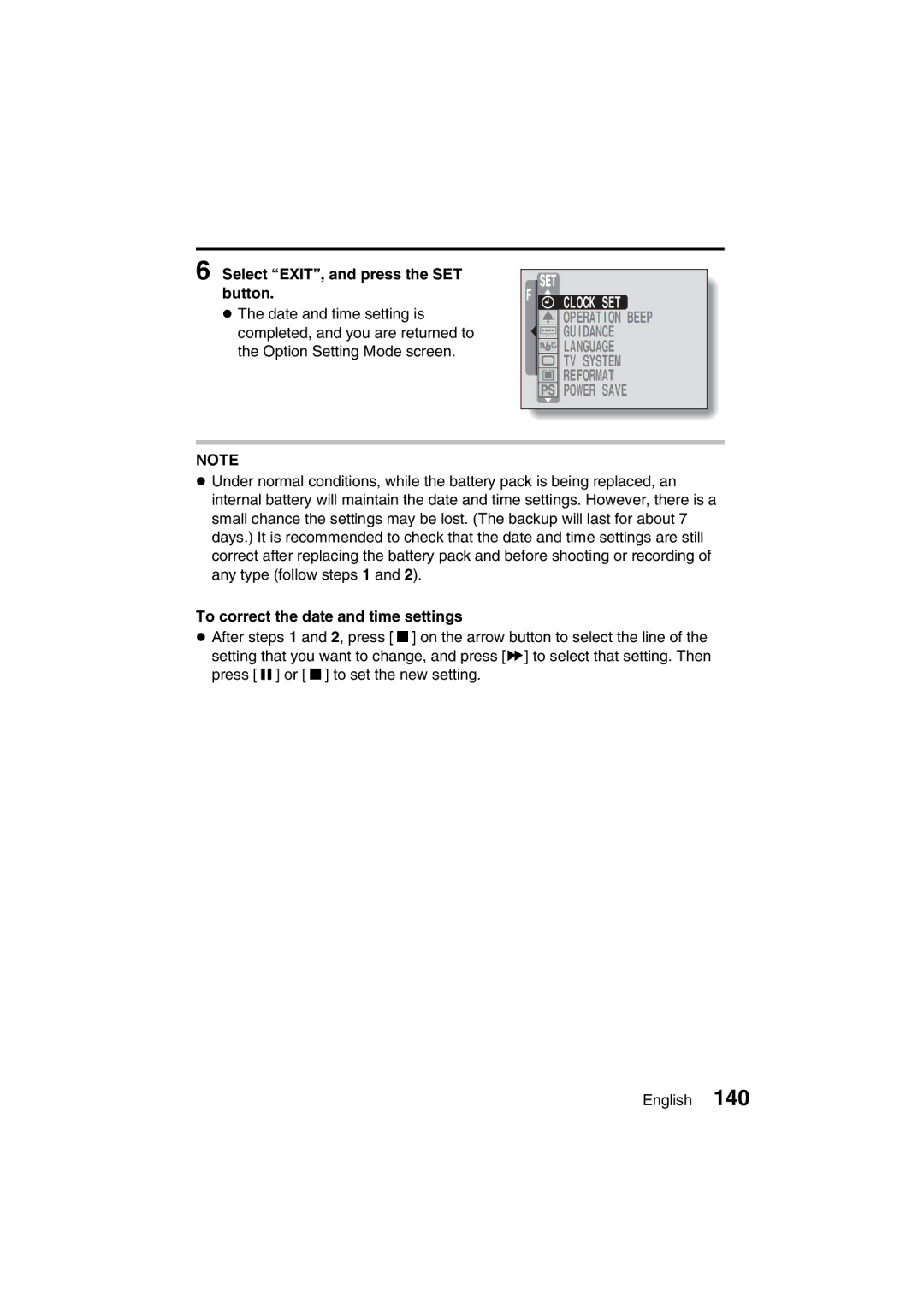 Sanyo VPC-J1EX instruction manual Select EXIT, and press the SET button, To correct the date and time settings 