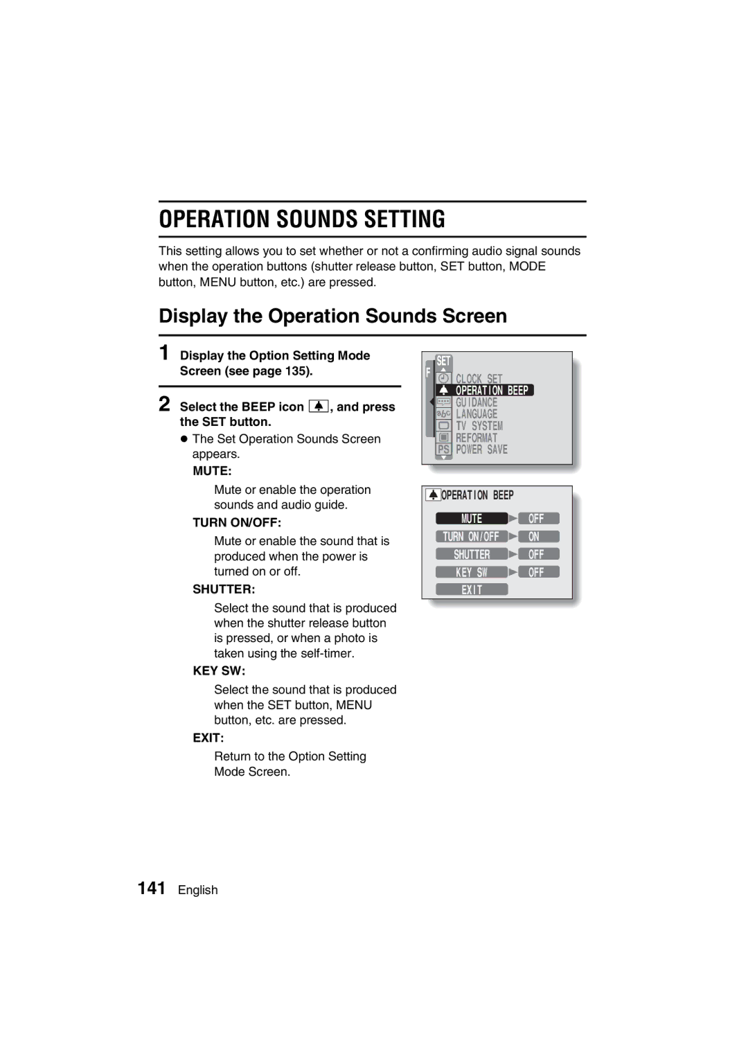 Sanyo VPC-J1EX instruction manual Operation Sounds Setting, Display the Operation Sounds Screen, Key Sw 