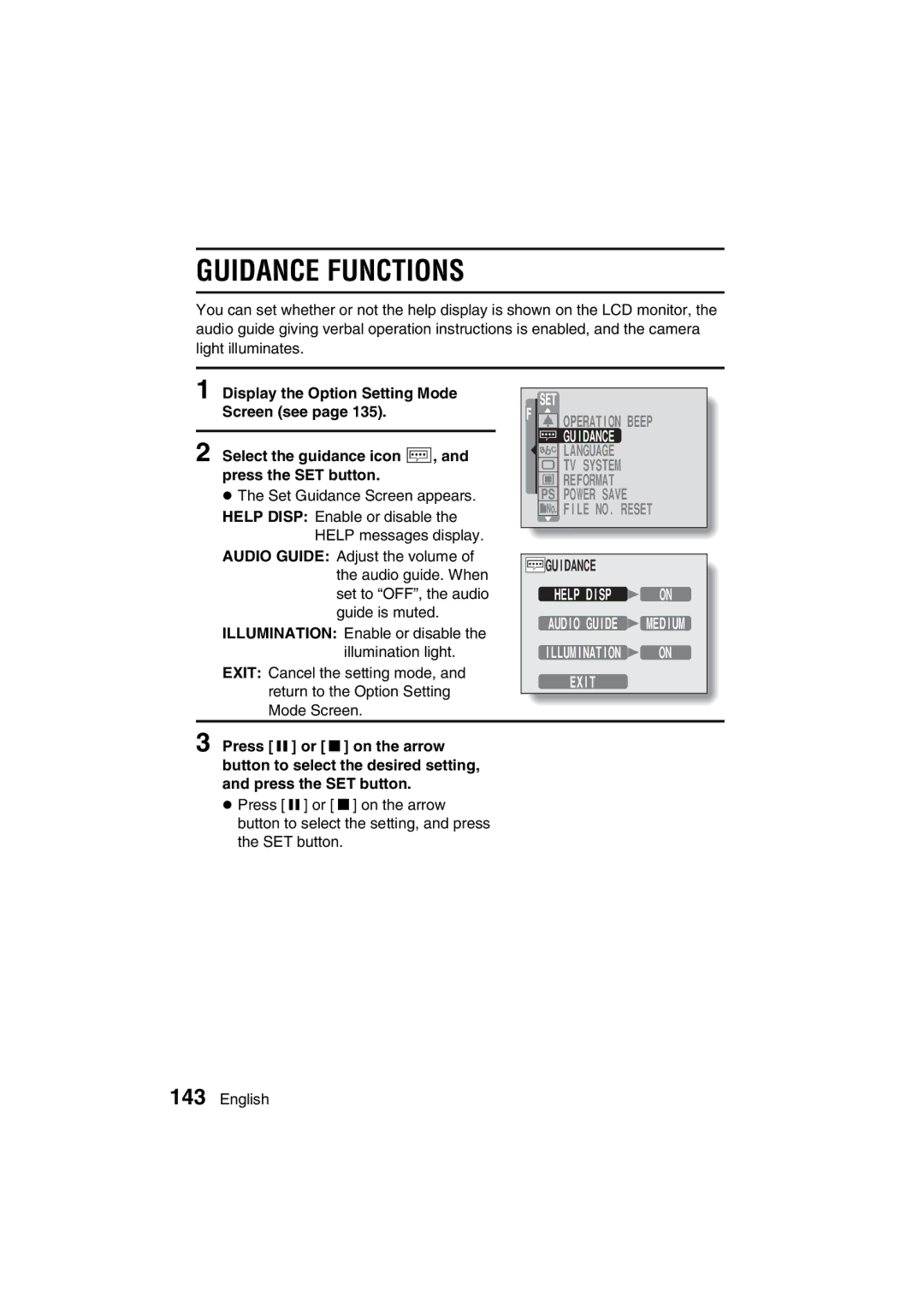Sanyo VPC-J1EX instruction manual Guidance Functions 