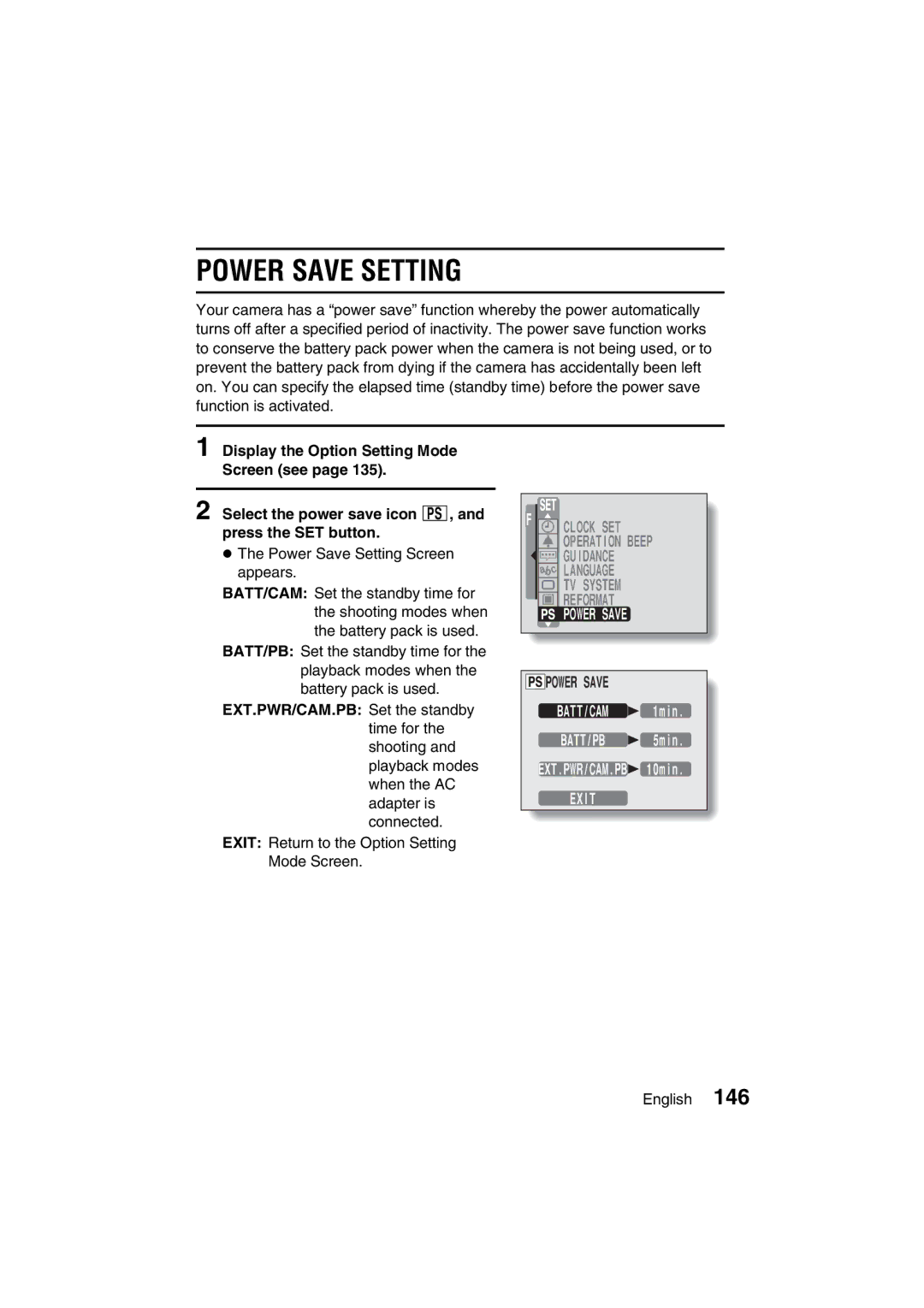 Sanyo VPC-J1EX instruction manual Power Save Setting, Exit 