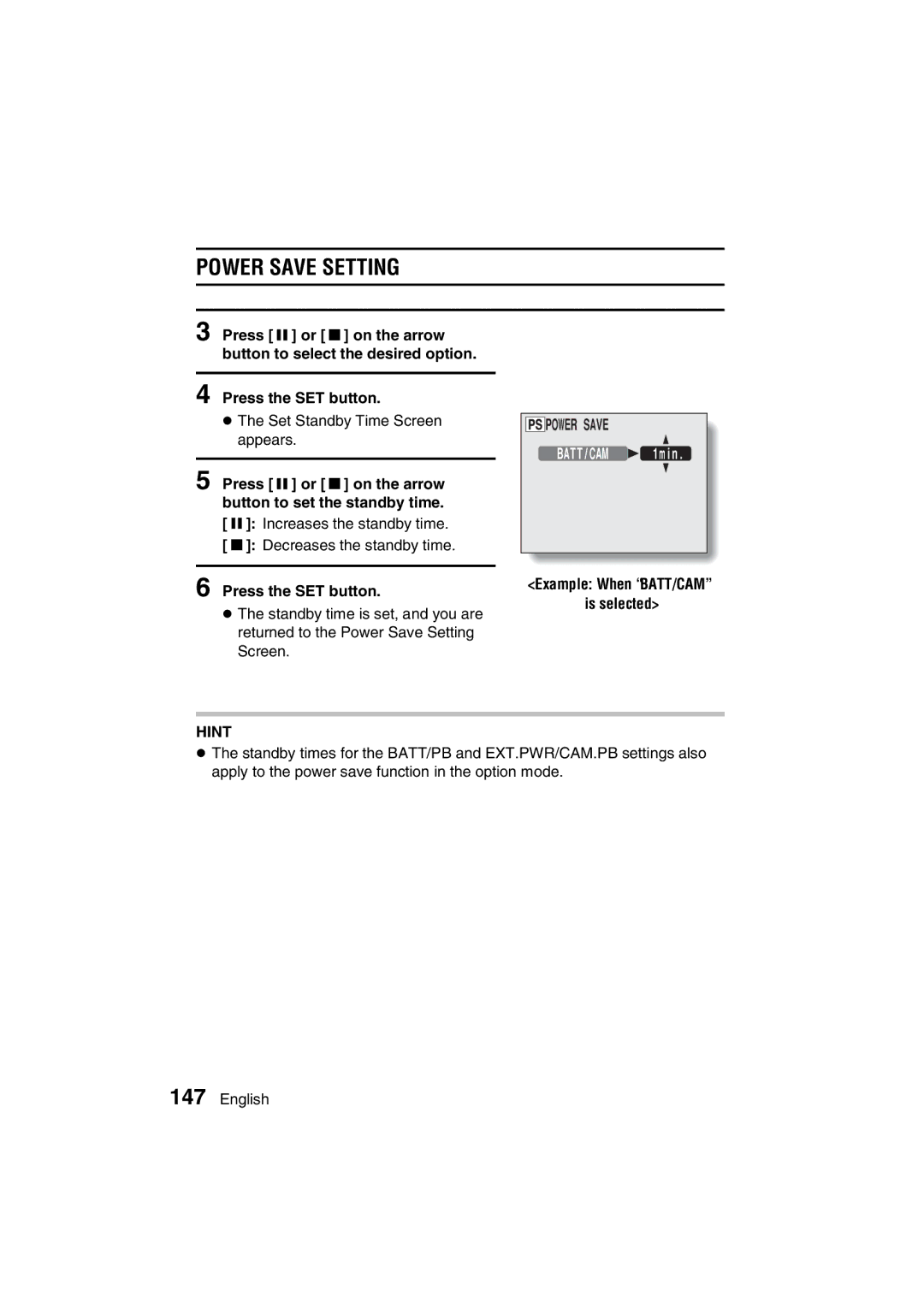 Sanyo VPC-J1EX instruction manual Power Save Setting, Press the SET button 