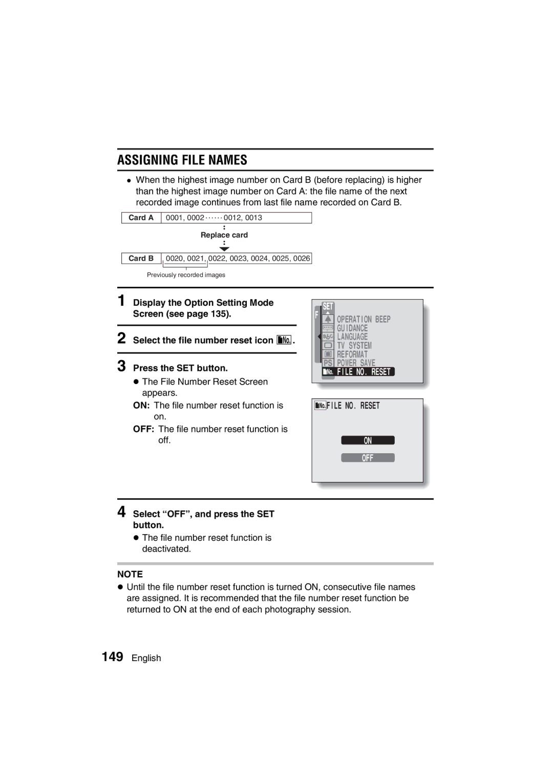 Sanyo VPC-J1EX instruction manual Assigning File Names, Select OFF, and press the SET button 