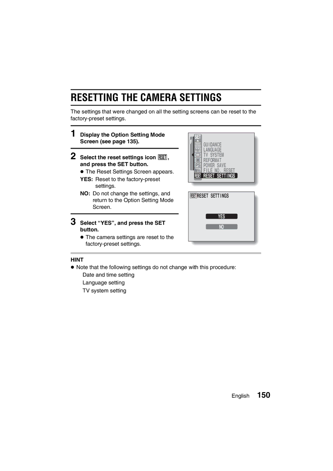 Sanyo VPC-J1EX instruction manual Resetting the Camera Settings, Select YES, and press the SET button 