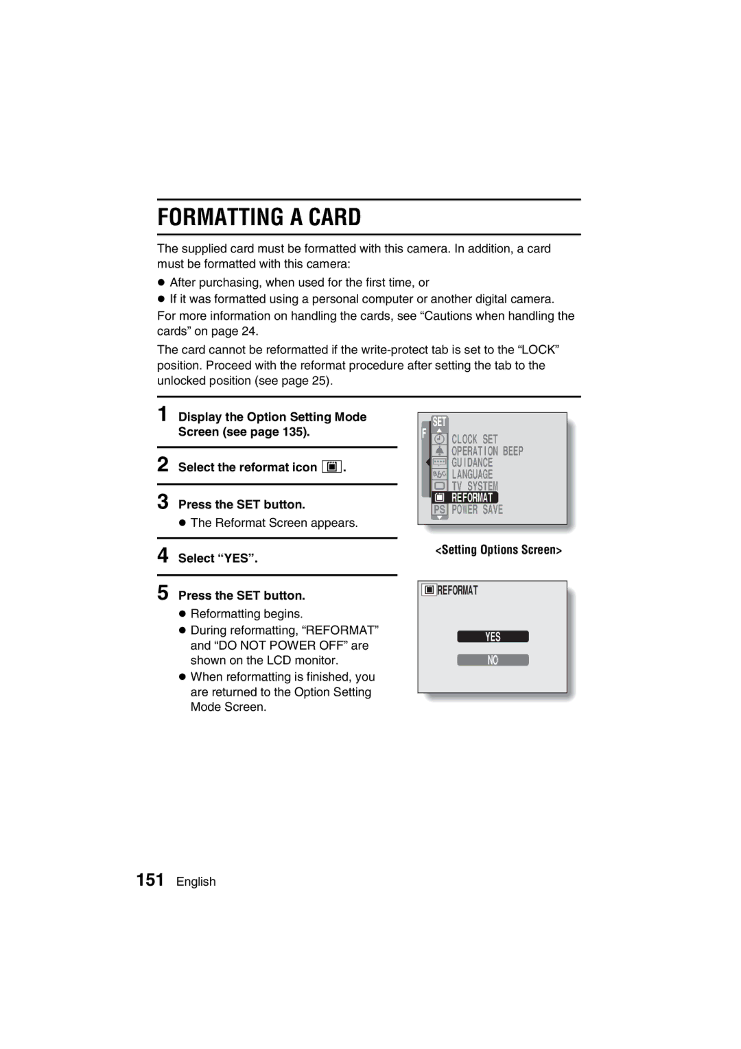 Sanyo VPC-J1EX instruction manual Formatting a Card, Select YES Press the SET button, Reformat 