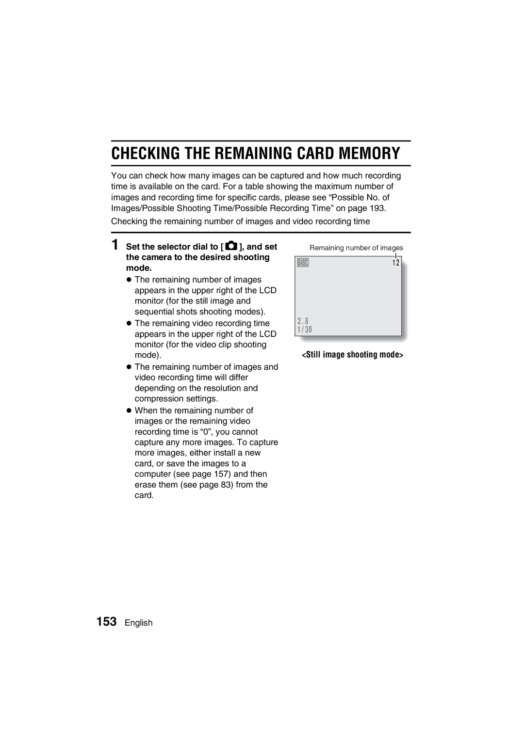 Sanyo VPC-J1EX instruction manual Checking the Remaining Card Memory, Still image shooting mode 