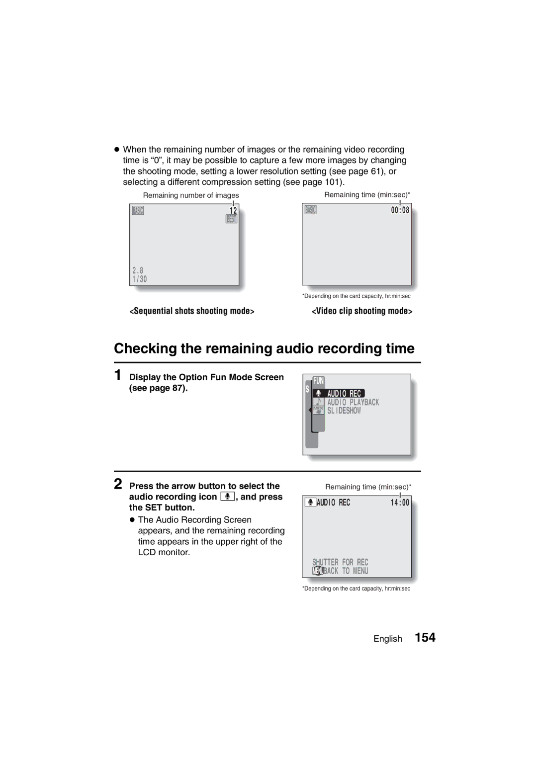 Sanyo VPC-J1EX instruction manual Checking the remaining audio recording time, Sequential shots shooting mode 