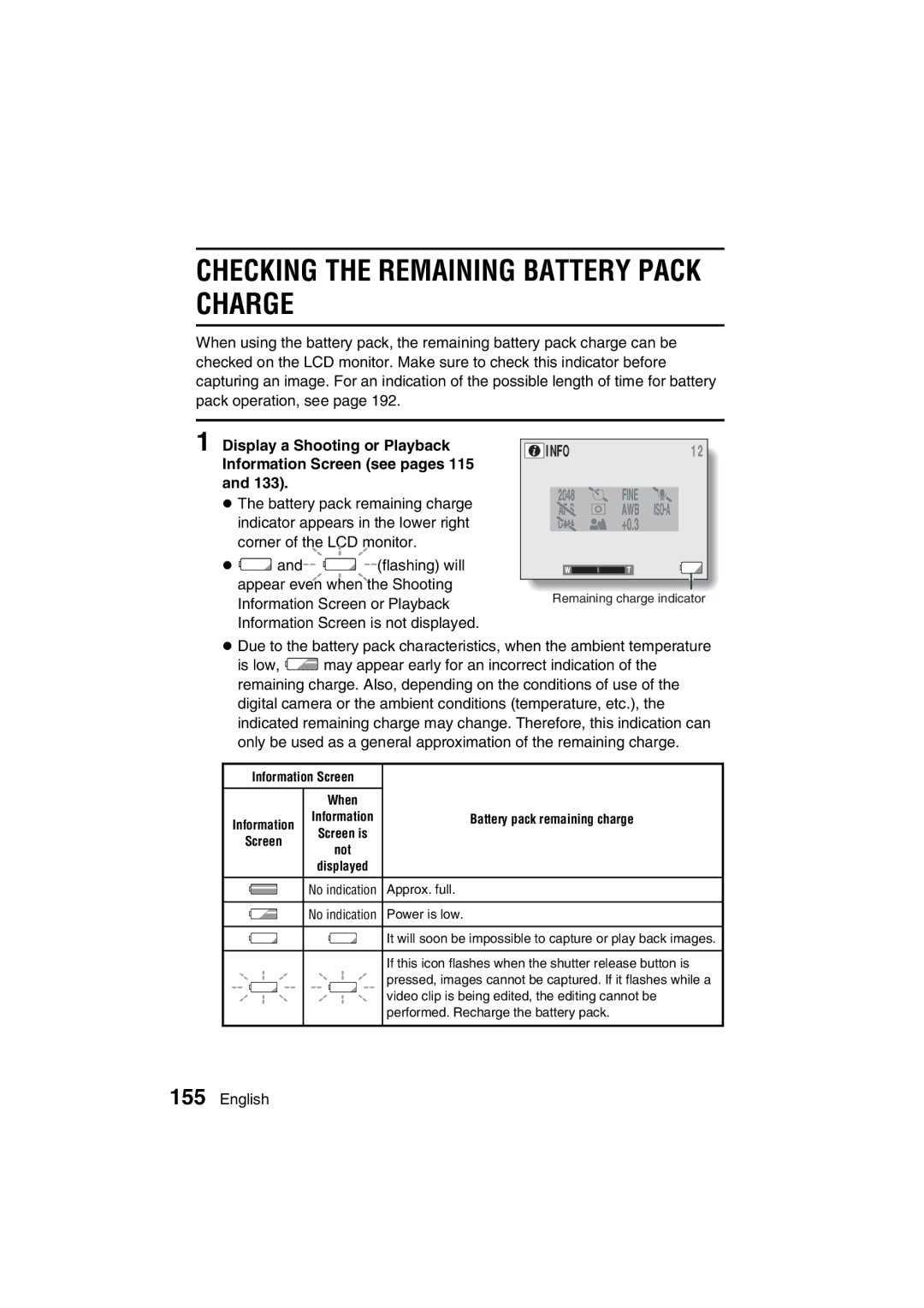 Sanyo VPC-J1EX instruction manual Checking the Remaining Battery Pack Charge, Info 