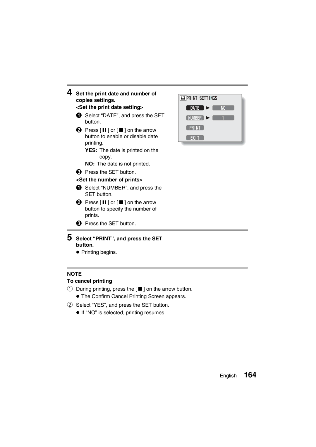 Sanyo VPC-J1EX Set the number of prints, Print Exit, Select PRINT, and press the SET button, To cancel printing 