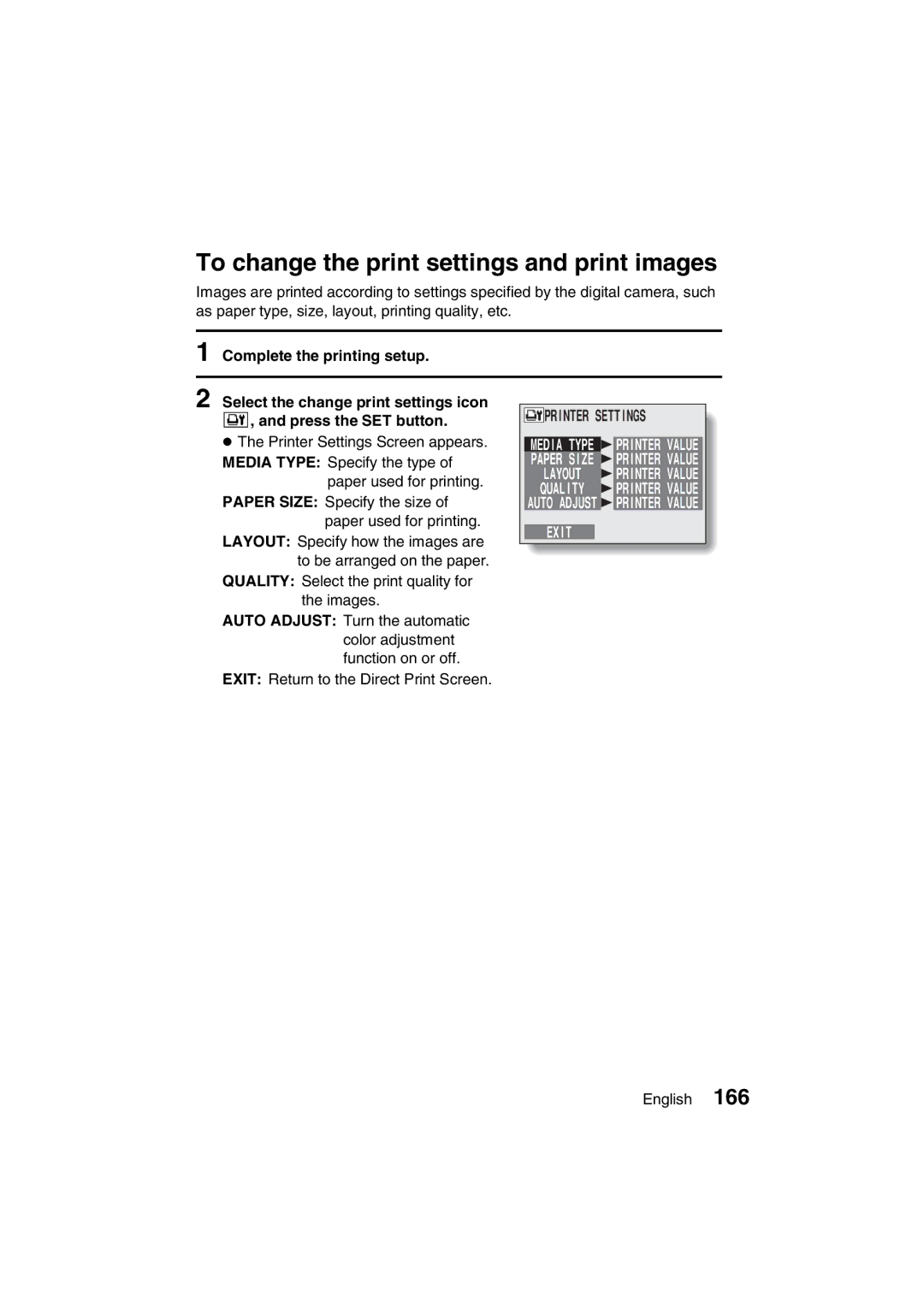 Sanyo VPC-J1EX instruction manual To change the print settings and print images, Printer Settings 