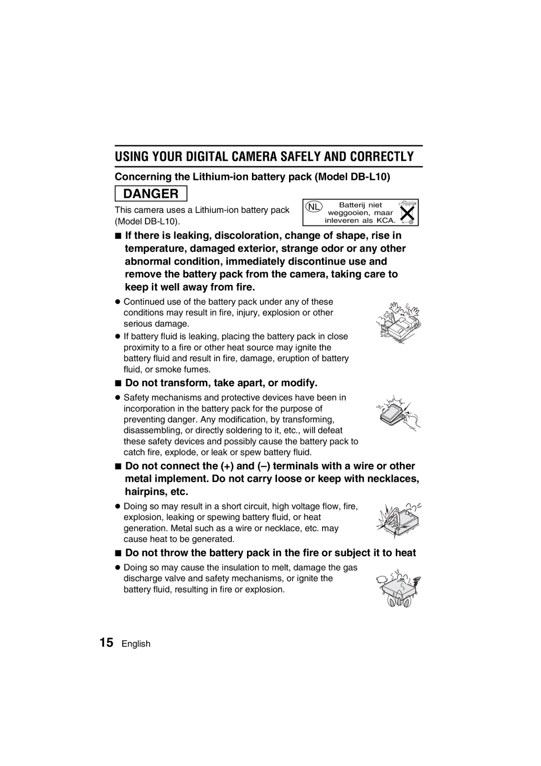 Sanyo VPC-J1EX Concerning the Lithium-ion battery pack Model DB-L10, Do not transform, take apart, or modify 