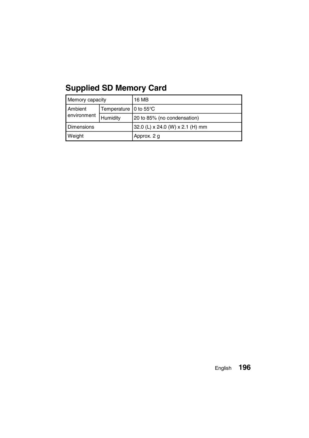 Sanyo VPC-J1EX instruction manual Supplied SD Memory Card 