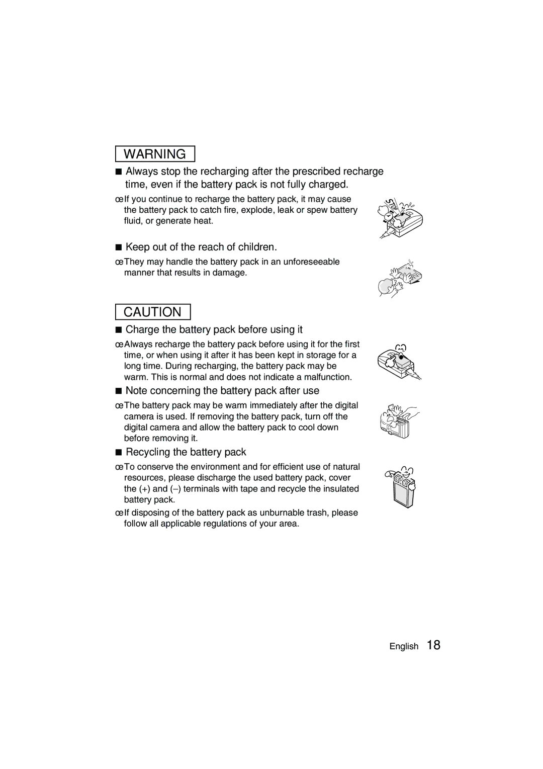 Sanyo VPC-J1 Keep out of the reach of children, Charge the battery pack before using it, Recycling the battery pack 