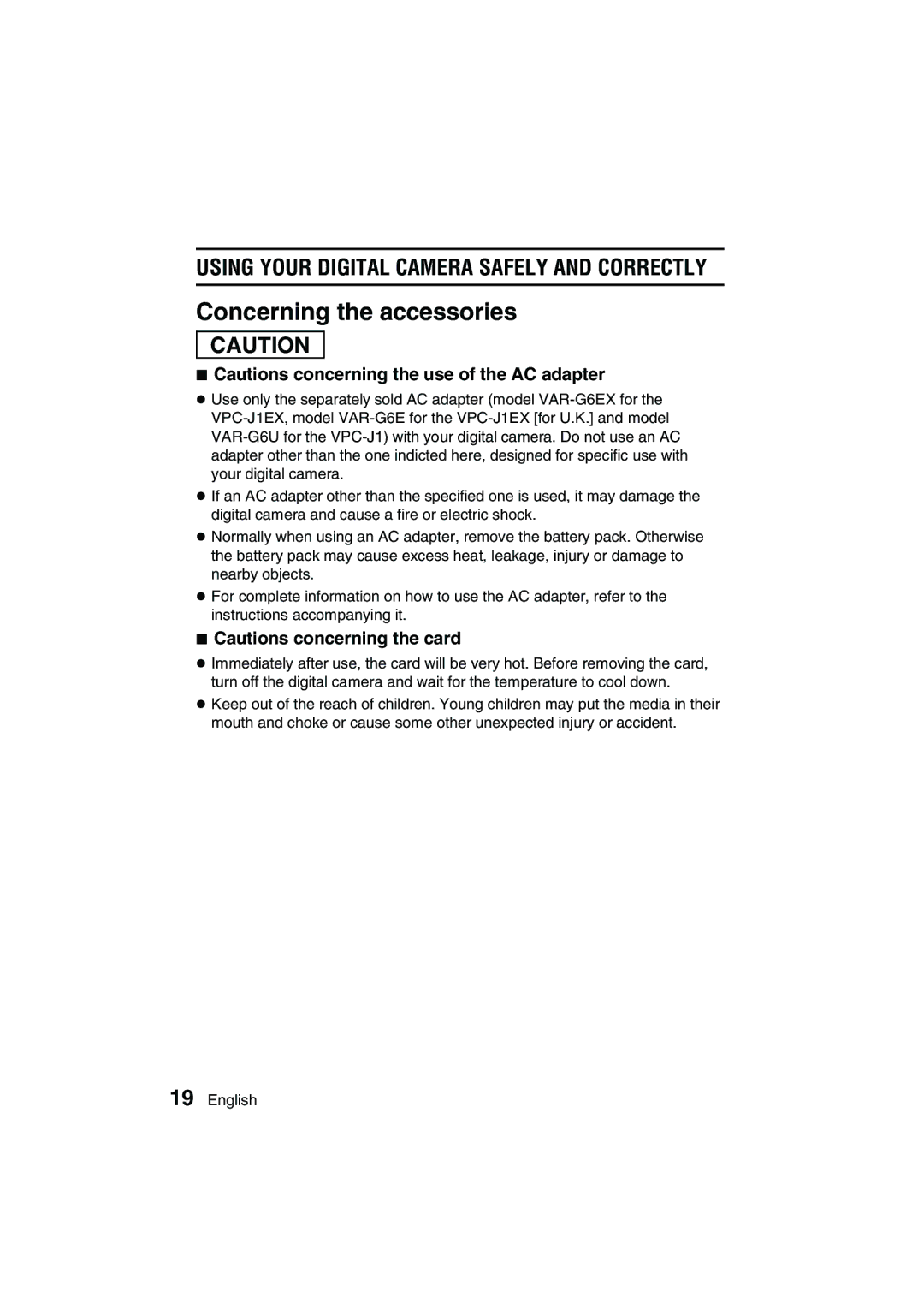 Sanyo VPC-J1EX instruction manual Concerning the accessories 