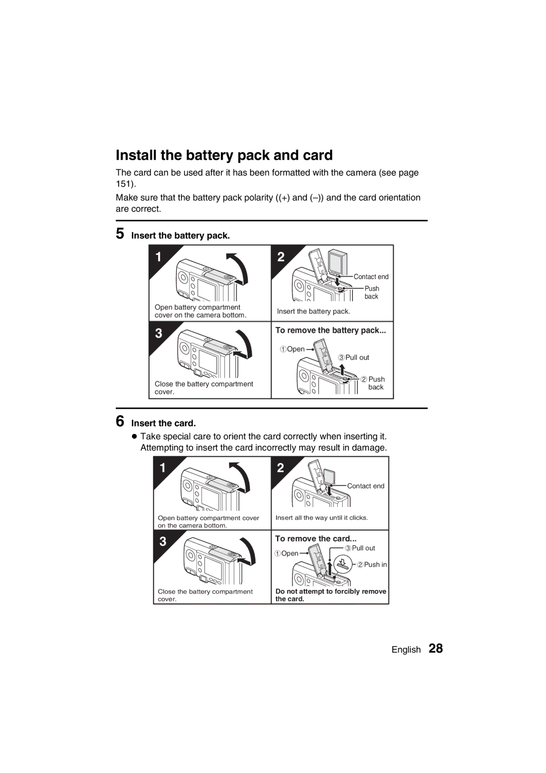 Sanyo VPC-J1 Install the battery pack and card, Insert the battery pack, To remove the battery pack, Insert the card 