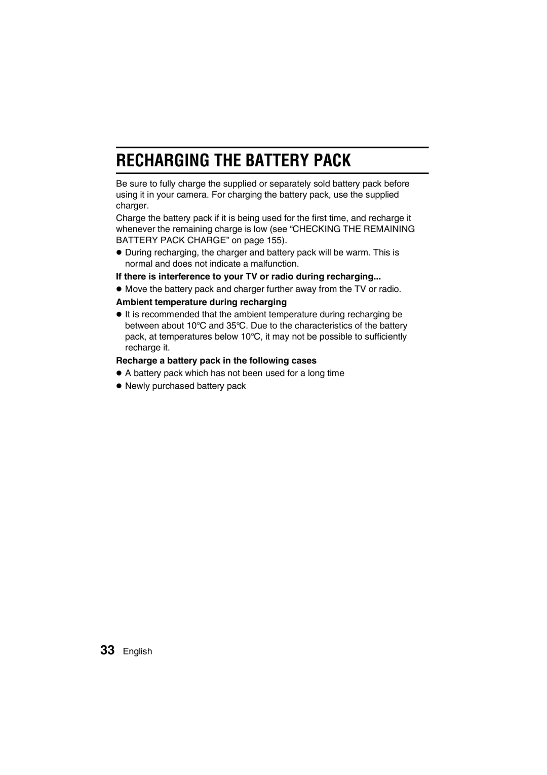 Sanyo VPC-J1EX instruction manual Recharging the Battery Pack, Ambient temperature during recharging 