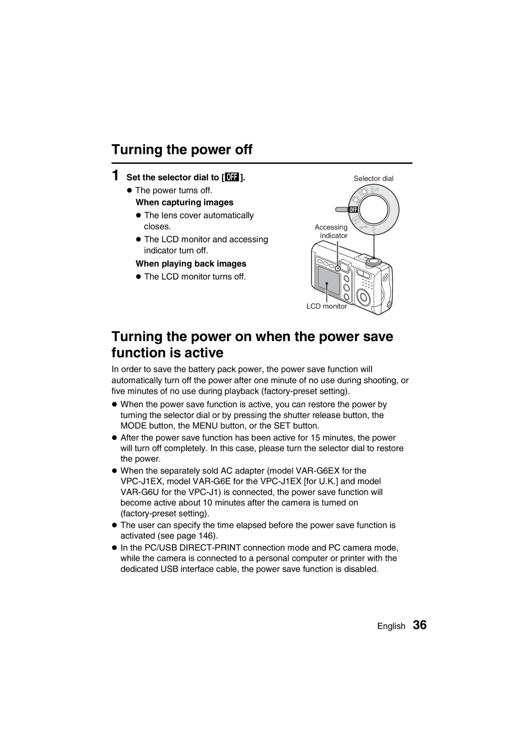 Sanyo VPC-J1 Turning the power off, Turning the power on when the power save function is active, When capturing images 