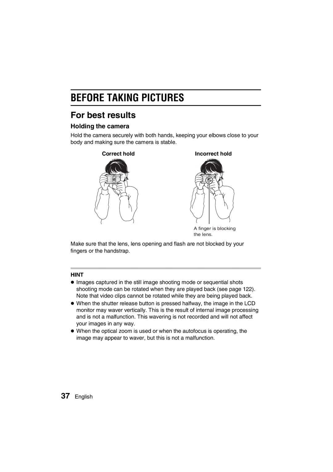 Sanyo VPC-J1EX instruction manual Before Taking Pictures, For best results, Holding the camera, Correct hold 