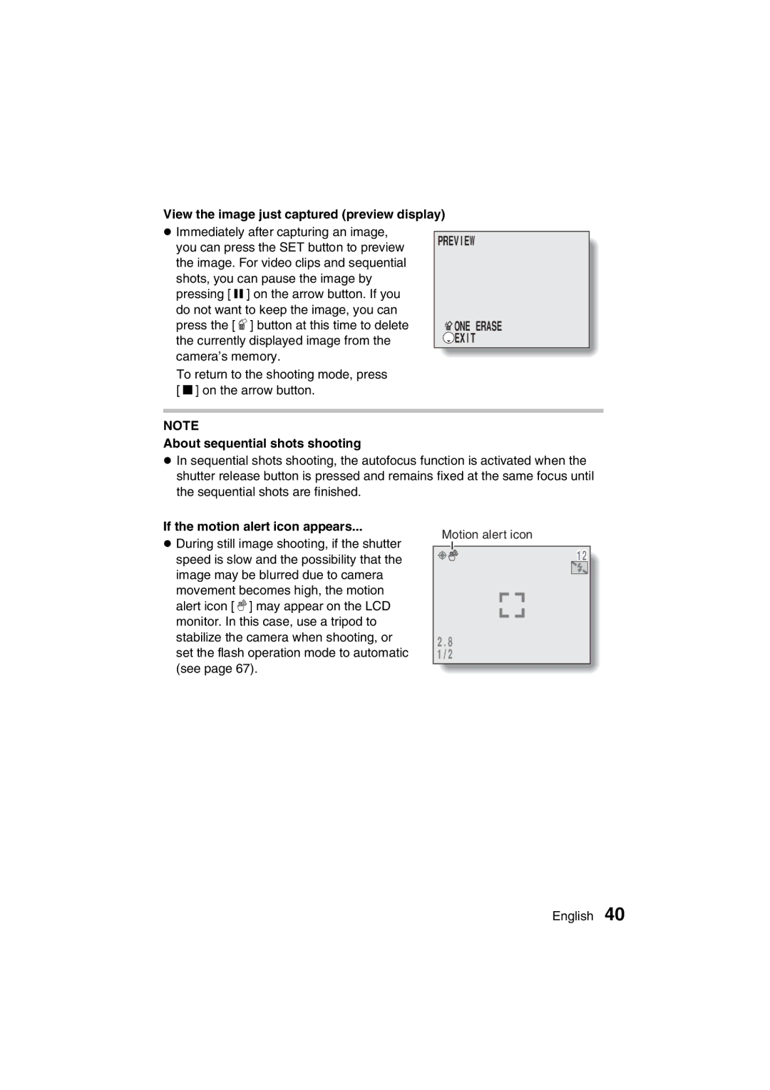 Sanyo VPC-J1EX instruction manual View the image just captured preview display, About sequential shots shooting 