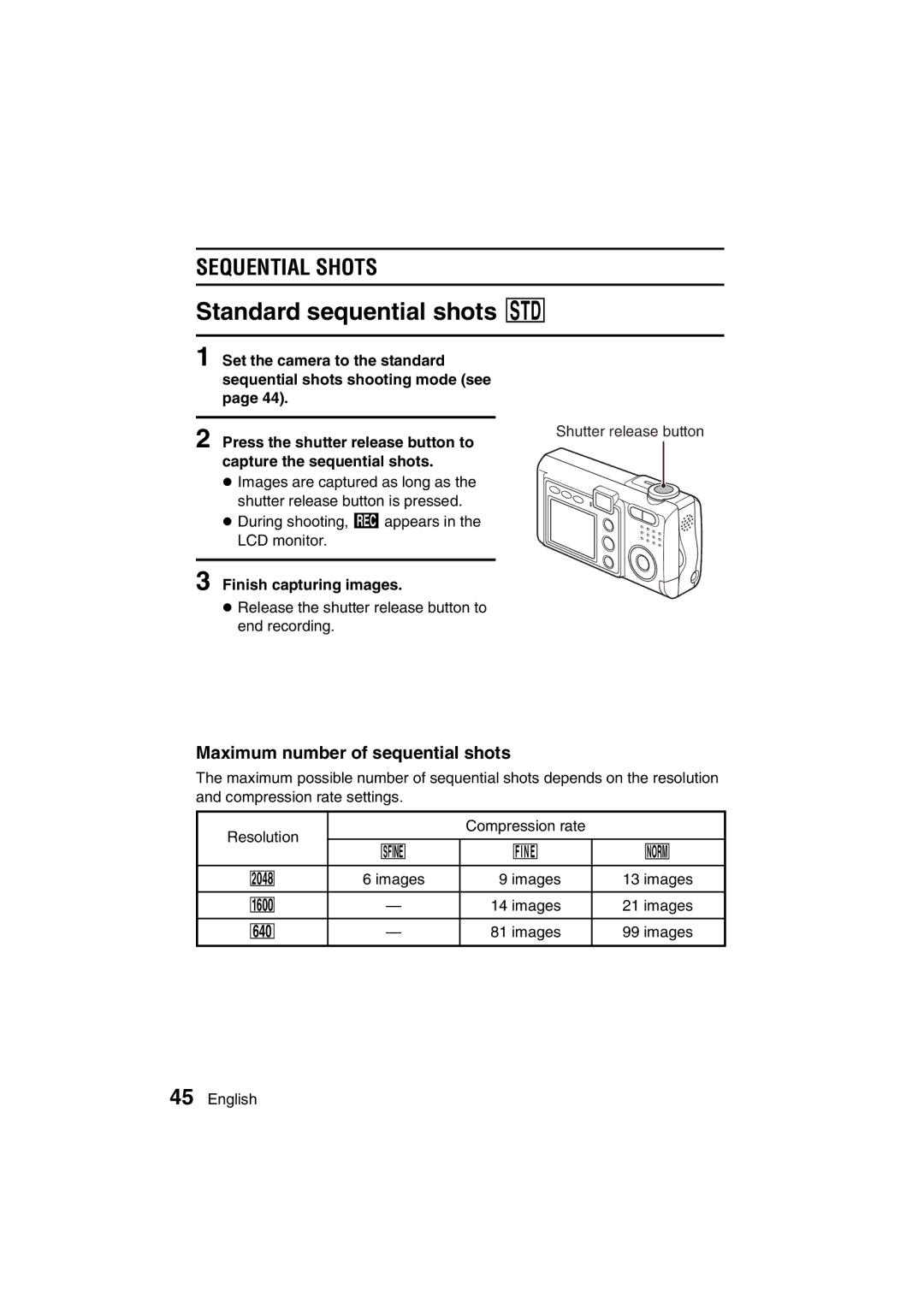 Sanyo VPC-J1EX Standard sequential shots Ö, Sequential Shots, Maximum number of sequential shots, Finish capturing images 