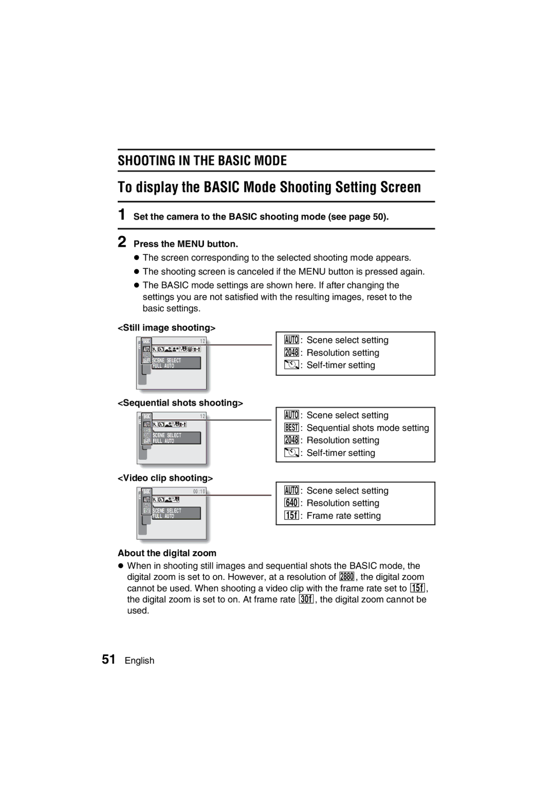 Sanyo VPC-J1EX Shooting in the Basic Mode, Still image shooting, Sequential shots shooting, Video clip shooting 