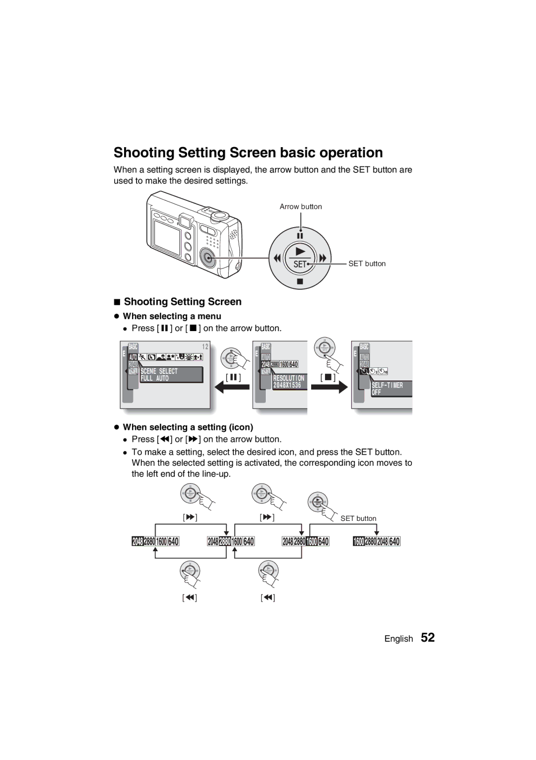 Sanyo VPC-J1EX Shooting Setting Screen basic operation, When selecting a menu, When selecting a setting icon 