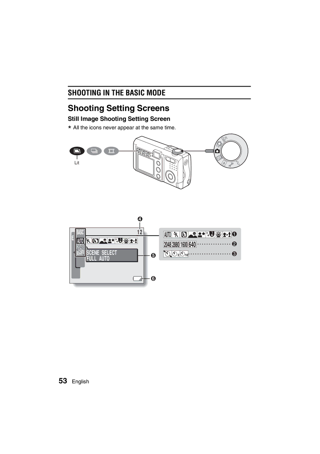 Sanyo VPC-J1EX instruction manual Shooting Setting Screens, Still Image Shooting Setting Screen 