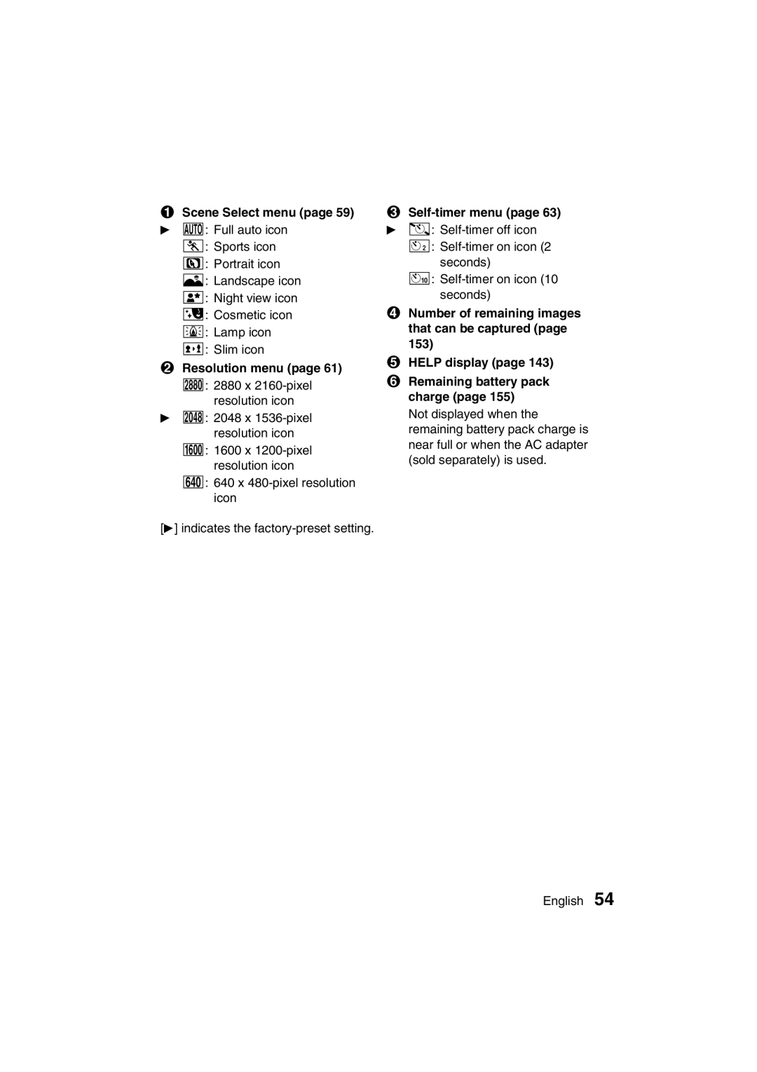 Sanyo VPC-J1EX instruction manual Scene Select menu page 59 c B Full auto icon, Resolution menu 