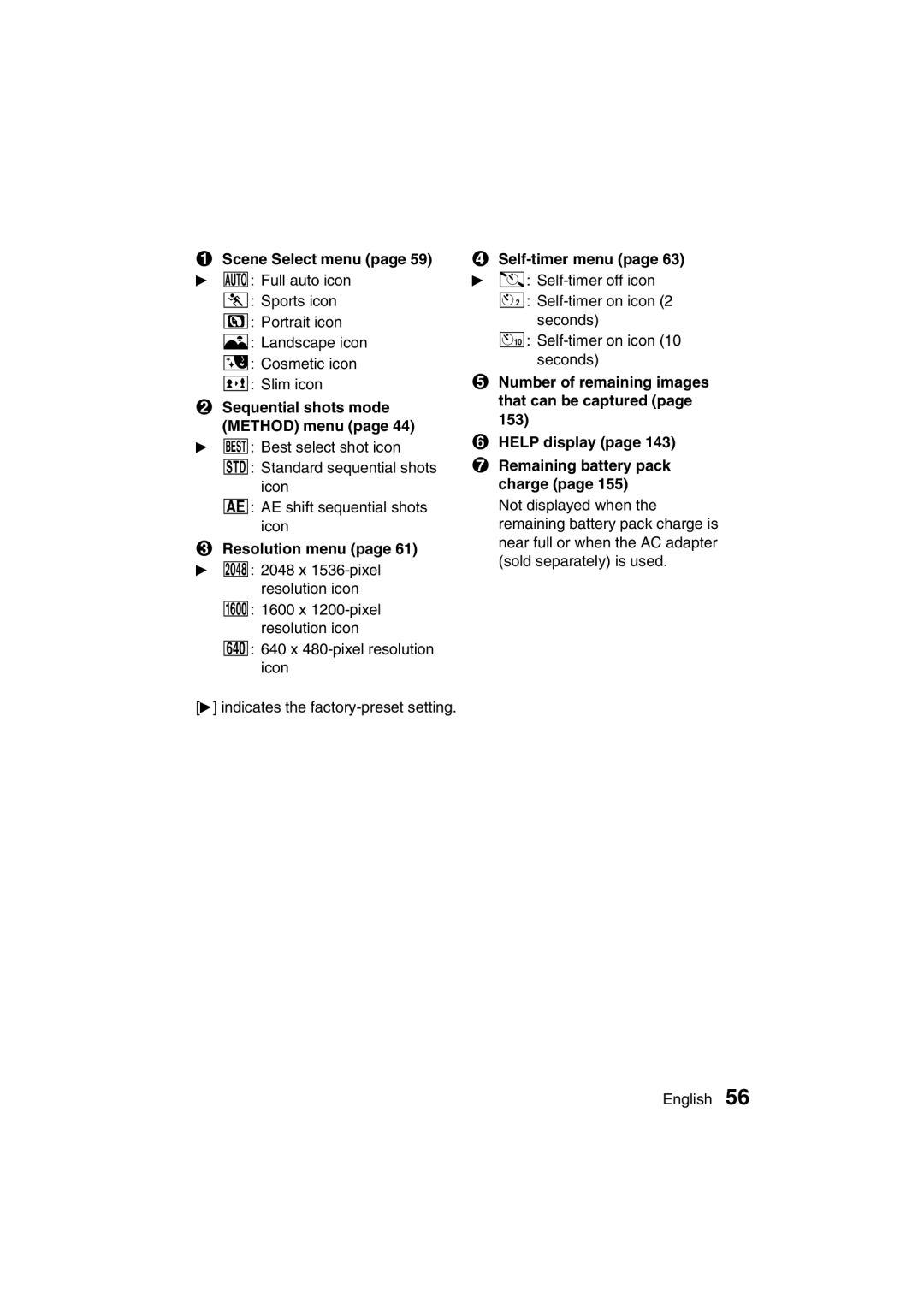 Sanyo VPC-J1EX instruction manual Sequential shots mode Method menu, Resolution menu page 61 c @ 2048 x 1536-pixel 