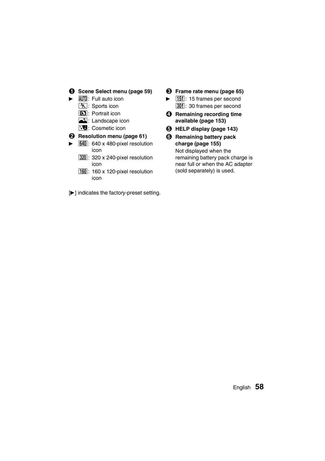 Sanyo VPC-J1 Resolution menu page 61 c E 640 x 480-pixel resolution, Frame rate menu page 65 c 15 frames per second 