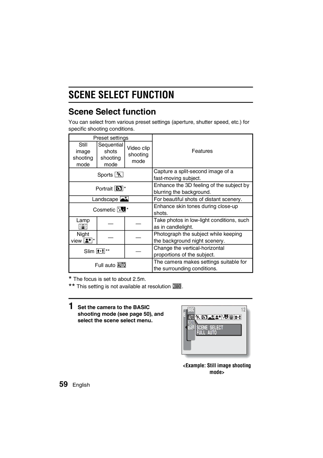 Sanyo VPC-J1EX instruction manual Scene Select Function, Scene Select function, Example Still image shooting Mode 