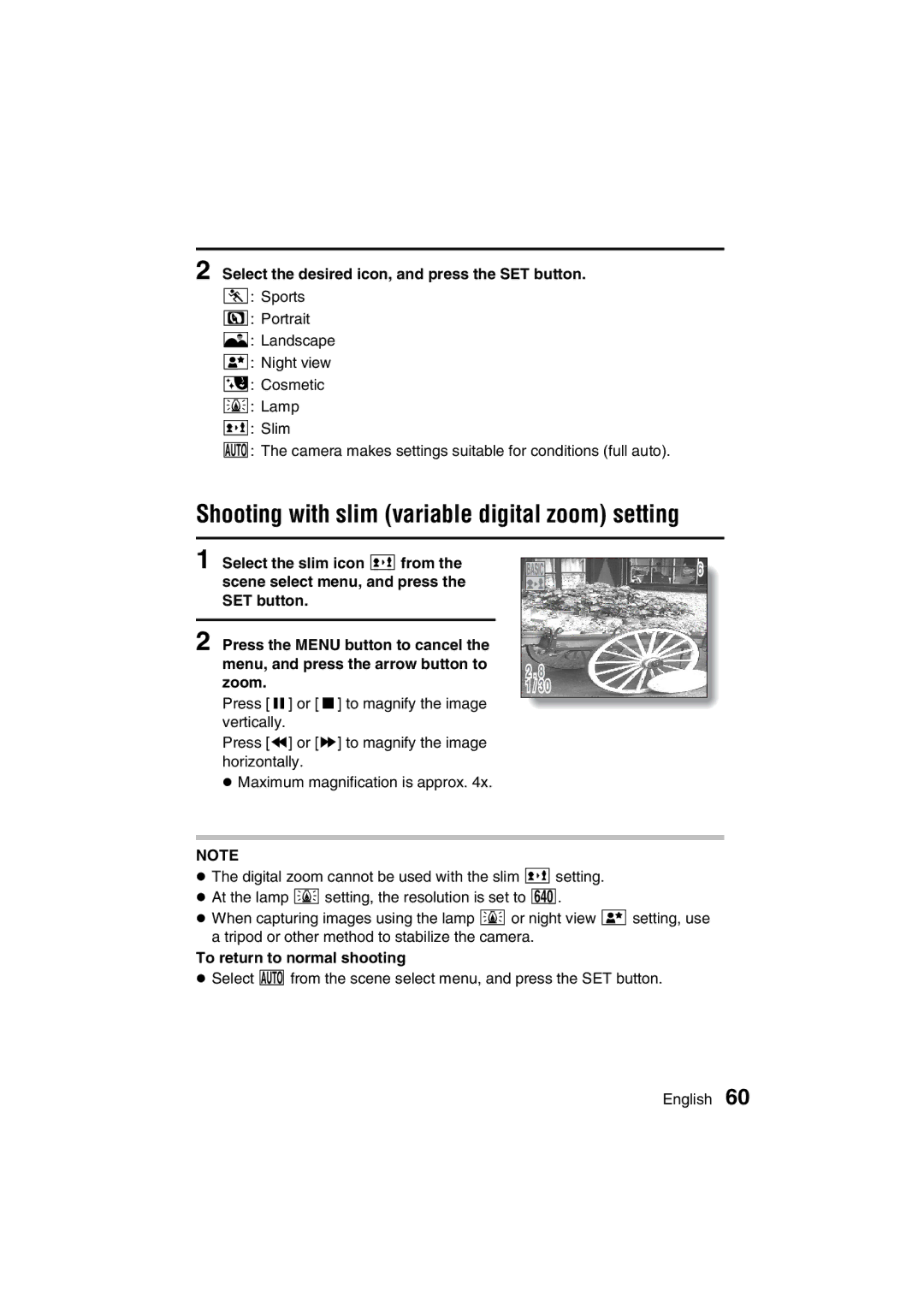 Sanyo VPC-J1EX Shooting with slim variable digital zoom setting, Select the desired icon, and press the SET button 