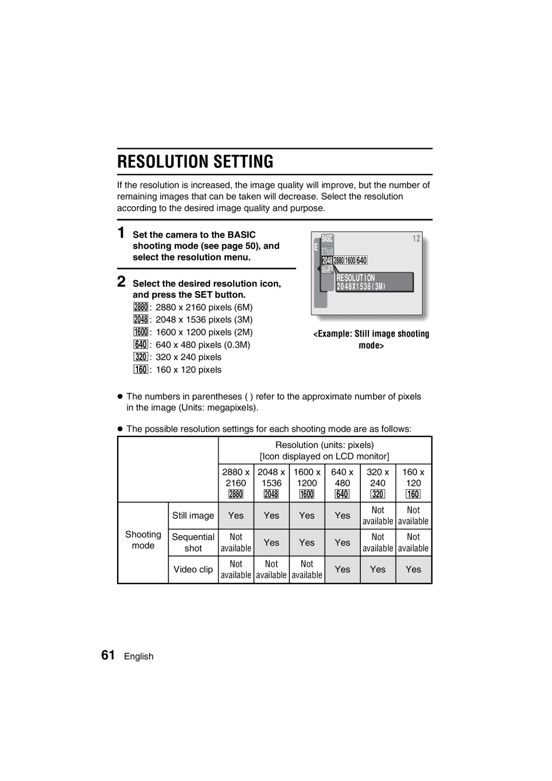 Sanyo VPC-J1EX instruction manual Resolution Setting 