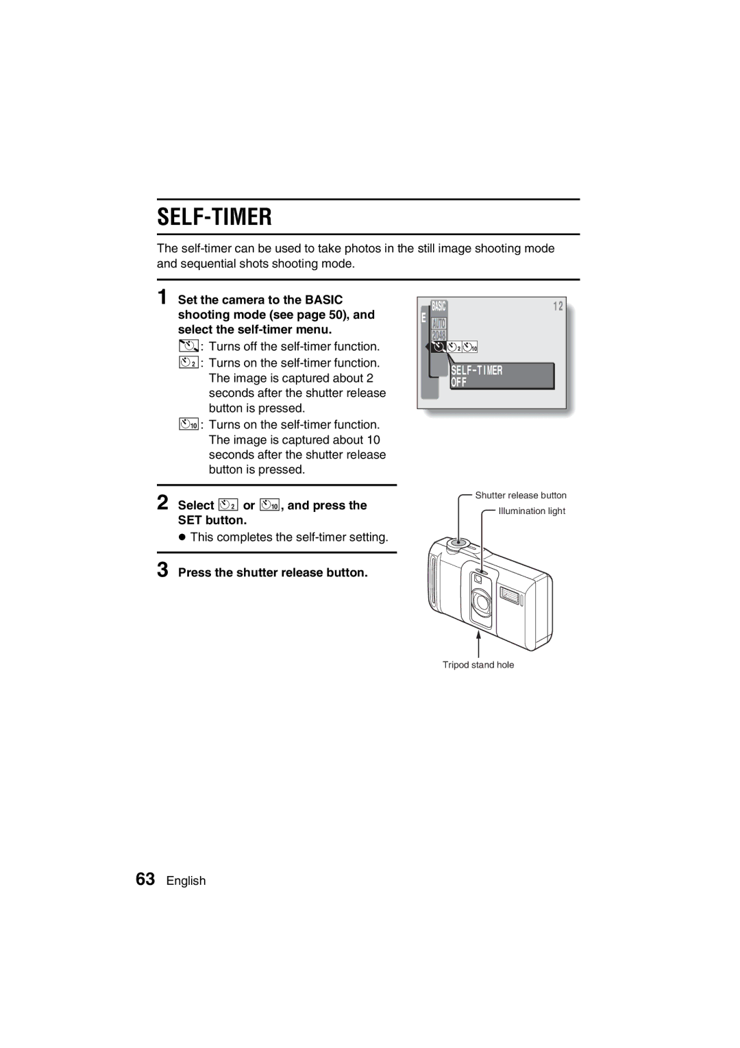 Sanyo VPC-J1EX instruction manual Self-Timer, Select ô or ò, and press SET button, Press the shutter release button, Off 