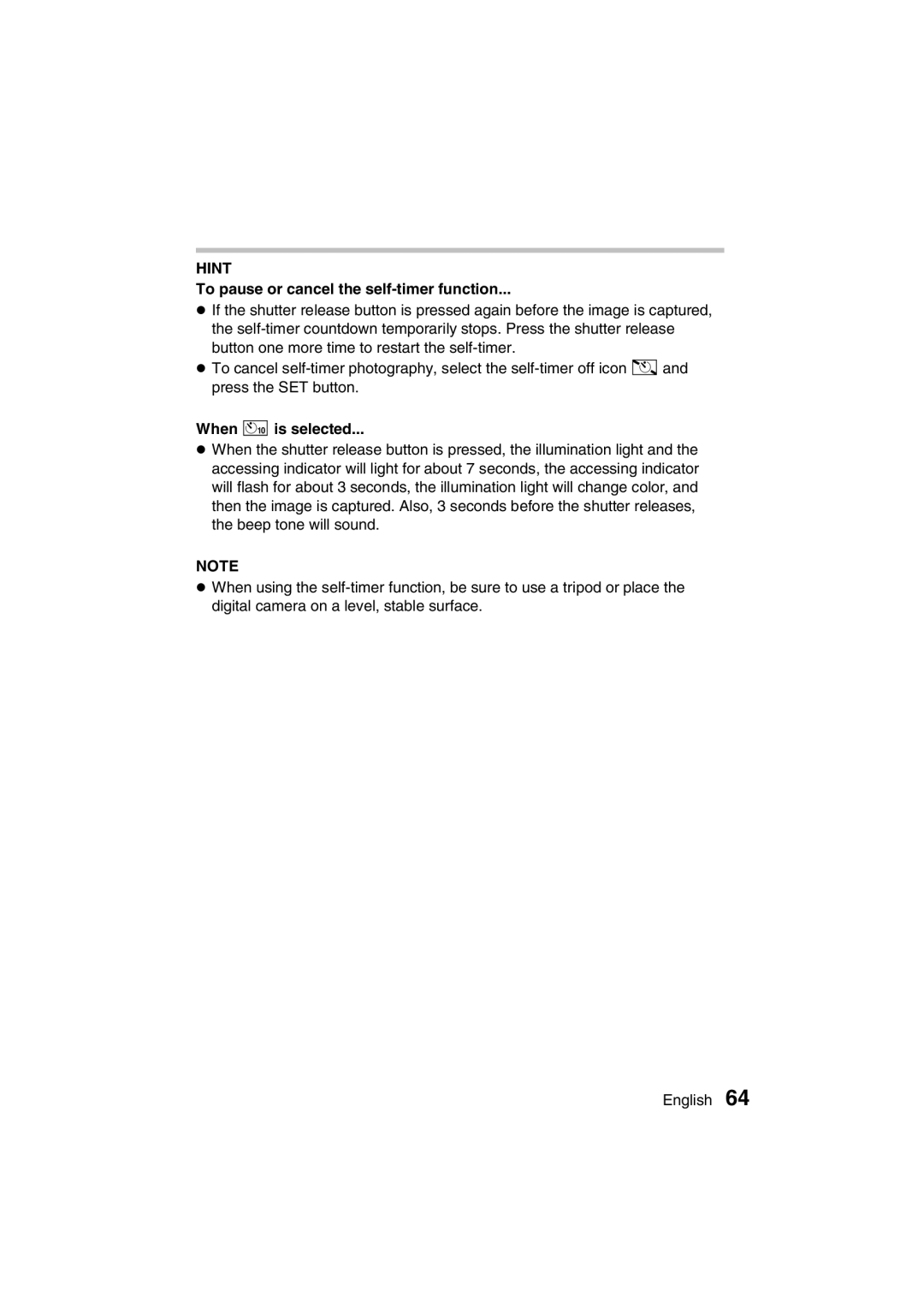 Sanyo VPC-J1EX instruction manual To pause or cancel the self-timer function, When ò is selected 