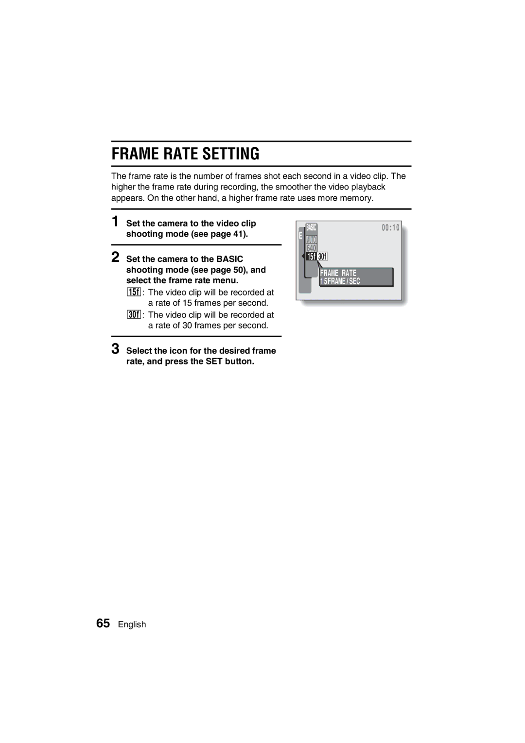 Sanyo VPC-J1EX instruction manual Frame Rate Setting, 15FRAME/SEC 