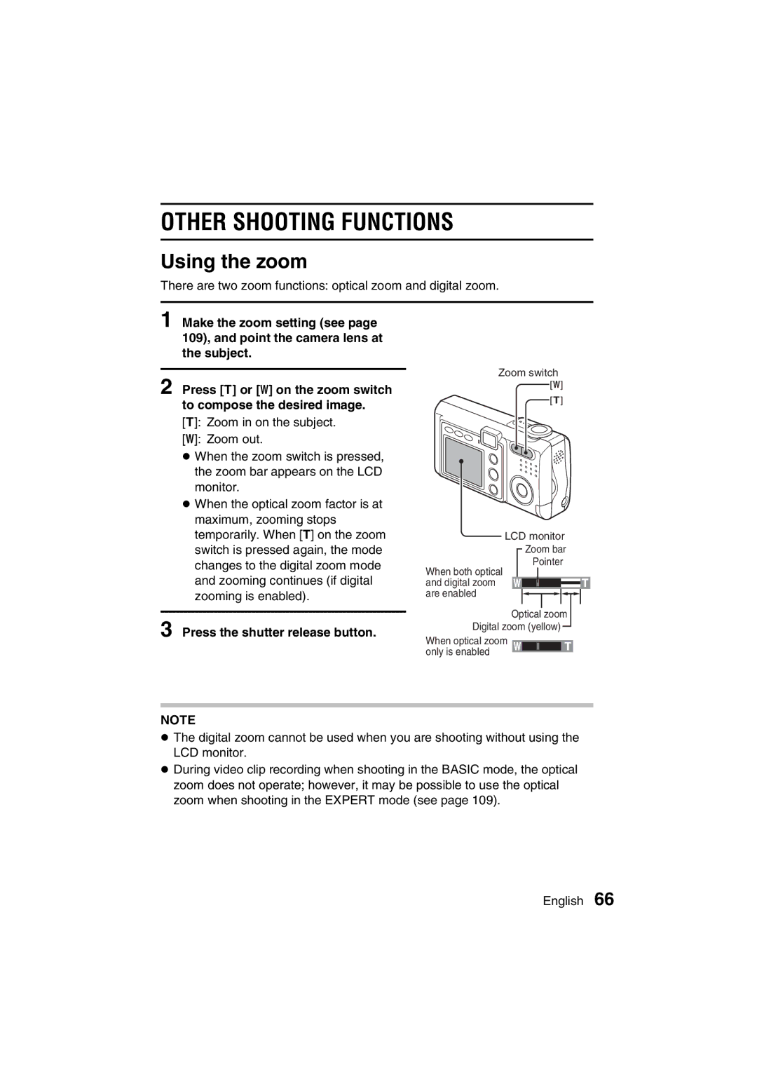 Sanyo VPC-J1EX instruction manual Other Shooting Functions, Using the zoom 